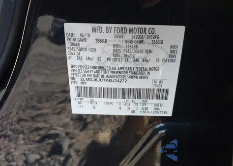 2010 Lincoln Mkx из США, поврежденный, VIN 2LMDJ6JC7ABJ34272